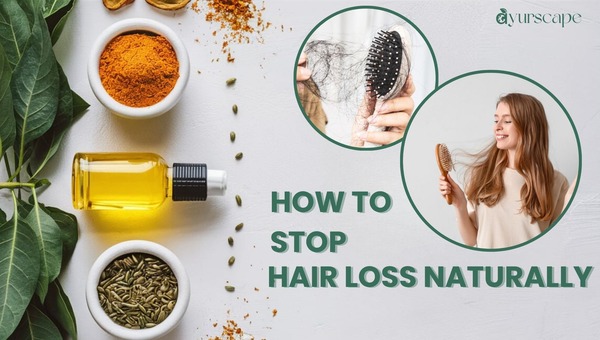 How to Stop Hair Loss Naturally - A women gaining hair after applying ayurvedic product, white background with ayurscape logo