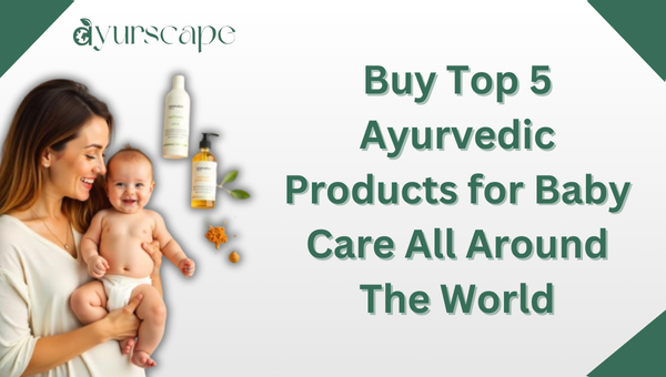 Buy Ayurvedic Products for Baby Care - Mother Holding her Baby with Ayurvedic products around them