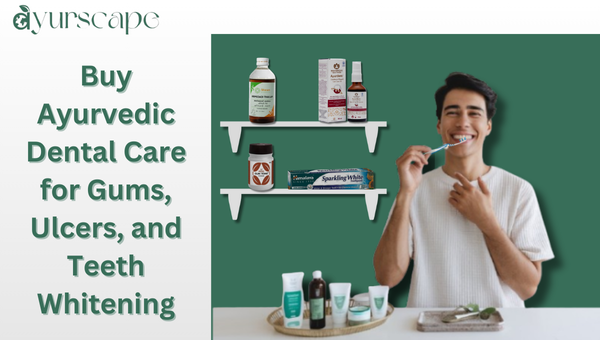 Buy Ayurvedic Dental Care for Gums, Ulcers, and Teeth Whitening - Man With healthy teeth and gums brushing his teeth with ayurvedic product around