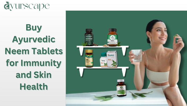 Buy Ayurvedic Neem Tablets for Immunity and Skin Health - Woman with Good skin taking neem tablet, more neem tablets on the shelf in the background